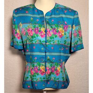 Adrianna Papell Floral Silk Blazer Short Sleeve Size 14 Vintage Jacket 0611